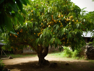 Mango trees with close up view of big mangos on sunset in Bani, Dominican Republic Generative AI