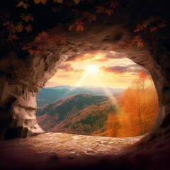 Wall Mural - Easter and Good Friday concept, Cave with mountain autumn sunset background, Generative AI