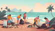 Benevolent Blue: A Vibrant Illustration of Stewardship, Depicting the Clean-Up of a Sandy Beach, Rendered in a Vector Style by Generative AI