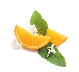 Delicious ripe oranges and flowering branches on white background