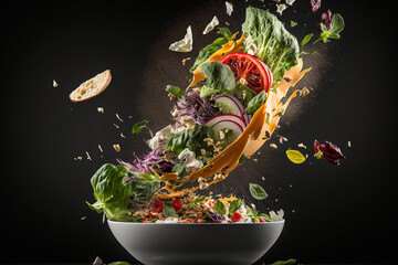 Wall Mural - Splash of vegetable salad with flying ingredients on black background. Mixed media. created with generative AI