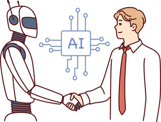 Wall Mural - man shakes hands with robot as sign of friendship between humans and artificial intelligence ai