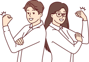 Wall Mural - Business man and woman with smile demonstrate biceps for concept of professionalism and cool skills