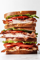 Sticker - Turkey BLT sandwiches stacked on white background, generative AI