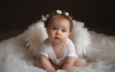 Wall Mural - Angel little baby with white wings on black background. Generative AI technology.
