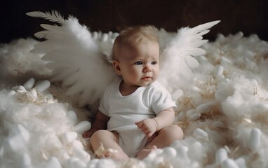 Wall Mural - Angel little baby with white wings on black background. Generative AI technology.