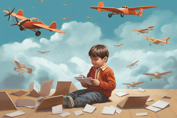 Wall Mural - illustration of kid playing with toy planes made with Generative AI