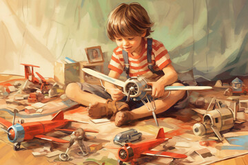 Wall Mural - illustration of kid playing with toy planes made with Generative AI