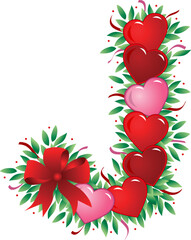 Sticker - Letter J with heart, bow, ribbon and leaf