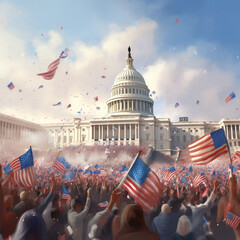 Crowds Cheering with USA Flags in Washington D,C, - Digital Painting, generative AI