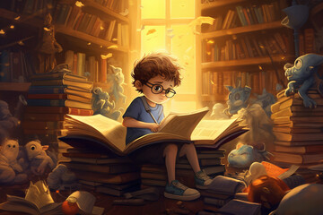 Wall Mural - illustration of kid playing and study with book made with Generative AI