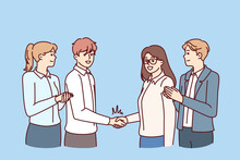 Team Business People And Manager Handshake With Best Employee Company To Motivate Staff To Increase Productivity. Successful Business Team Clapping And Shaking Hands Rejoicing At Joint Achievements