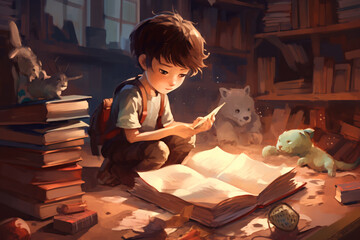 Wall Mural - illustration of kid playing and study with book made with Generative AI