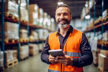 a good - looking warehouse worker holding a tablet in his hand, in the background a large goods stor