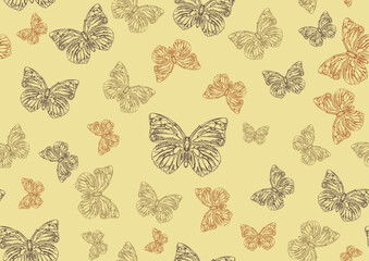 Wall Mural - Vector illustration of many funky hand-drawn butterflies of different size  flying around  . Seamless Pattern.