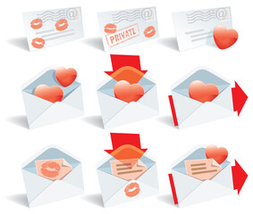 Sticker - Love mail, vector icon set, envelope, hearts and lipstick print