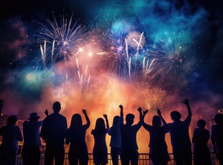 Poster - Crowd watching fireworks and celebrating created with Generative AI technology