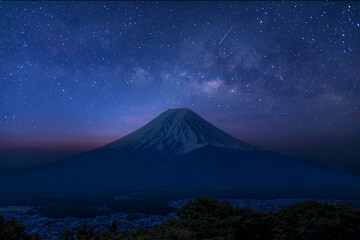 Wall Mural - japan icon mt fuji at night and universe space and milky way galaxy with stars on night sky backgrou