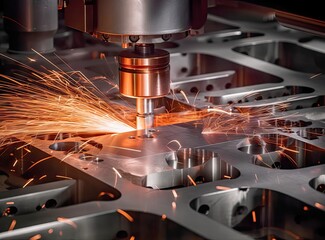 Industrial Laser cutting processing manufacture technology of flat sheet metal steel material with sparks created with Generative AI technology