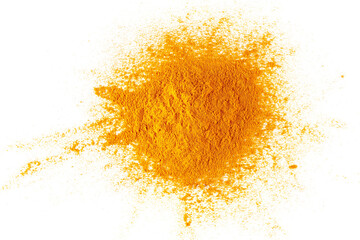 Wall Mural - Turmeric (Curcuma) powder pile isolated on white background, top view