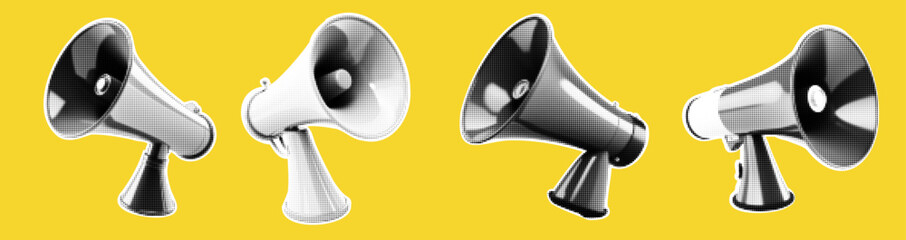 Loudspeakers for collage. Pack of megaphones on yellow background. Vector halftone illustration with elements of a doodle. Grunge punk set. Lightning blah lines. 