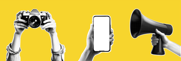 Collage element with hands and cutout shape and doodle element. Vintage vector set. Retro halftone effect. Hand gestures with the camera and the flag. Pack for advertising. 
