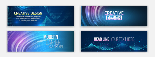 Abstract horizontal promotion media cover design. Big data futuristic web background. Visualization of data arrays, databases. Information flow, sorting. Set of Hi-tech banner templates for websites.