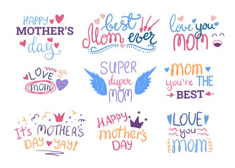 Canvas Print - Cartoon Color Happy Mother Day Concept Set Flat Design Style Include of I Love You and Best Mom Congratulations. Vector illustration