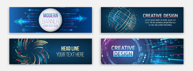 Wall Mural - Modern banner in hi-tech style. Set of web banner templates, information protection, big data. Scientific and technical concept.