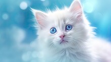 A Wallpaper Showcasing A Close-up Photograph Of A Fluffy White Kitten With Bright Blue Eyes. Illustration With White Cat - Kitty. Generative AI. 