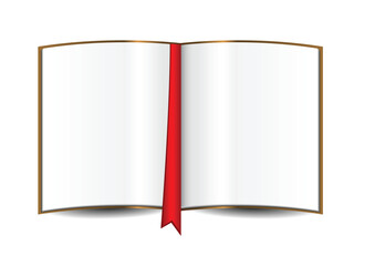 Opened white book with red ribbon isolated over white background