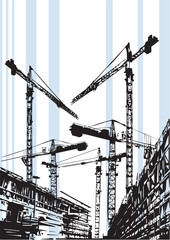 Illustration with house building and cranes on white background, vector file.