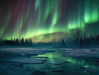 Wall Mural - green aurora borealis, morthern lights over ice and snow landscape, generative ai