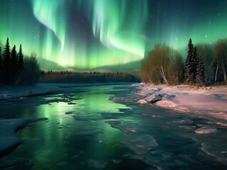 Wall Mural - green aurora borealis, morthern lights over ice and snow landscape, generative ai