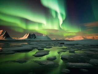Wall Mural - green aurora borealis, morthern lights over ice and snow landscape, generative ai
