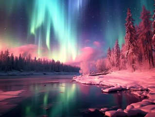 Wall Mural - pink and green aurora borealis, morthern lights over ice and snow landscape, generative ai