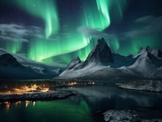 Wall Mural - pink and green aurora borealis, morthern lights over ice and snow landscape, generative ai