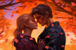 Caucasian Couple in Autumn Park at Sunset - A loving, intimate moment captured between a young woman and her boyfriend amidst the vibrant colors of fall. 