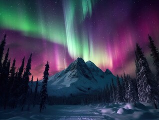 Wall Mural - pink and green aurora borealis, morthern lights over ice and snow landscape, generative ai
