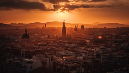 Poster - Backlit city skyline illuminated by sunset glow generated by AI