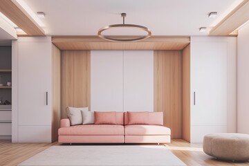 Sticker - Modern Living Room with a Pink Couch and White Rug Generative AI