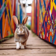 Wall Mural - Playful English Spot Bunny in Colorful Surroundings