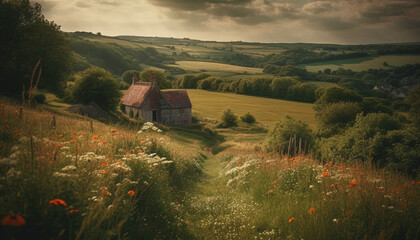 Poster - Tranquil meadow, rustic fence, yellow wildflowers bloom generated by AI