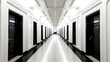© neo - A white corridor, long, symmetrical, and lined with identical Black doors. A harmony of abstract and architectural style emerges, boldly timeless. Generative AI