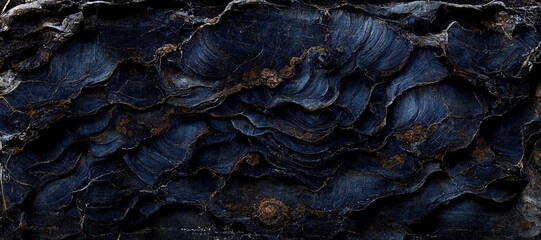 Fossilized ammonite sea shell spirals embedded into dark cobalt blue slate rock. Prehistoric layered and ridged stone texture with detailed surface patterns - generative ai