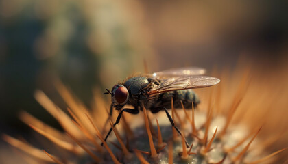 Poster - Small housefly on yellow flower, pollinating outdoors generated by AI