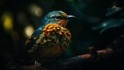 Wall Mural - Male starling perching on branch, feathers generated by AI