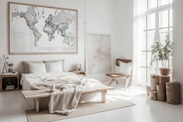 Sticker - actual snapshot of a vertical white bedroom interior with natural materials and a map on the wall. Generative AI