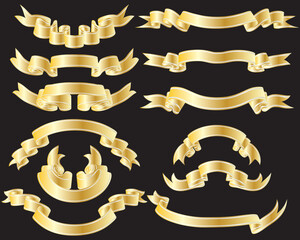 Sticker - Collection of twelve vector golden ribbons with silver stripes