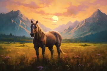 Painting powerful horses among sunset meadows.